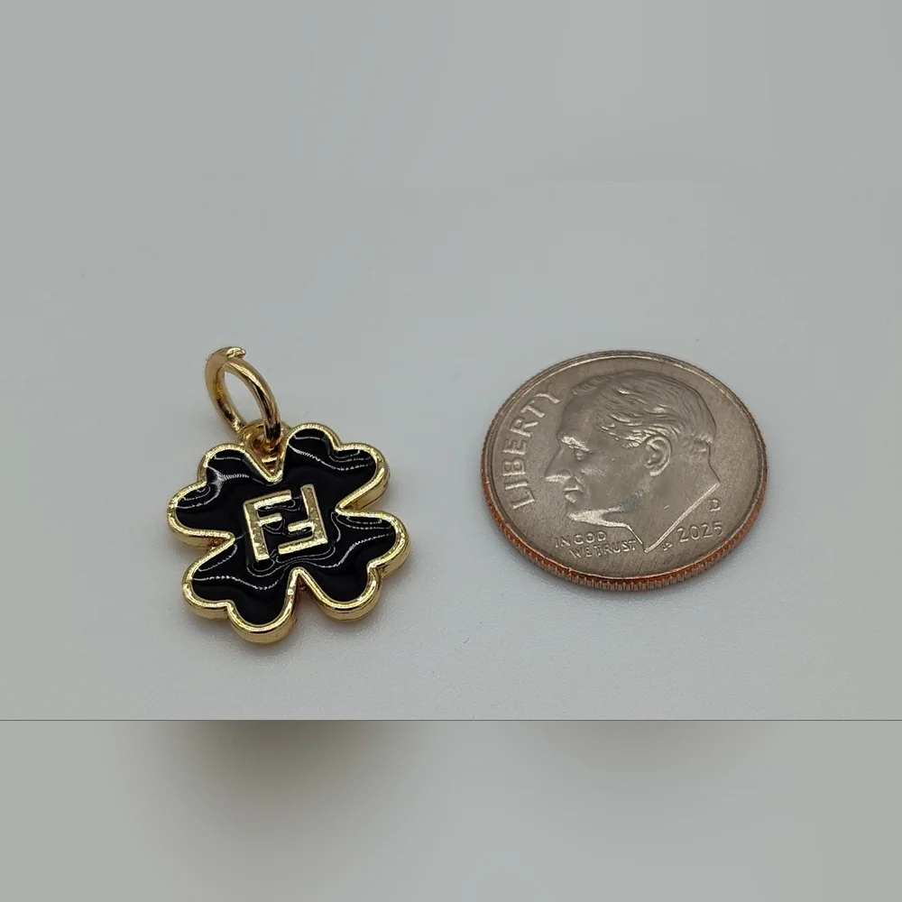 FENDI Black Enamel Clover Charm Gold Tone FF Logo Pendant - Picture 2 of 3